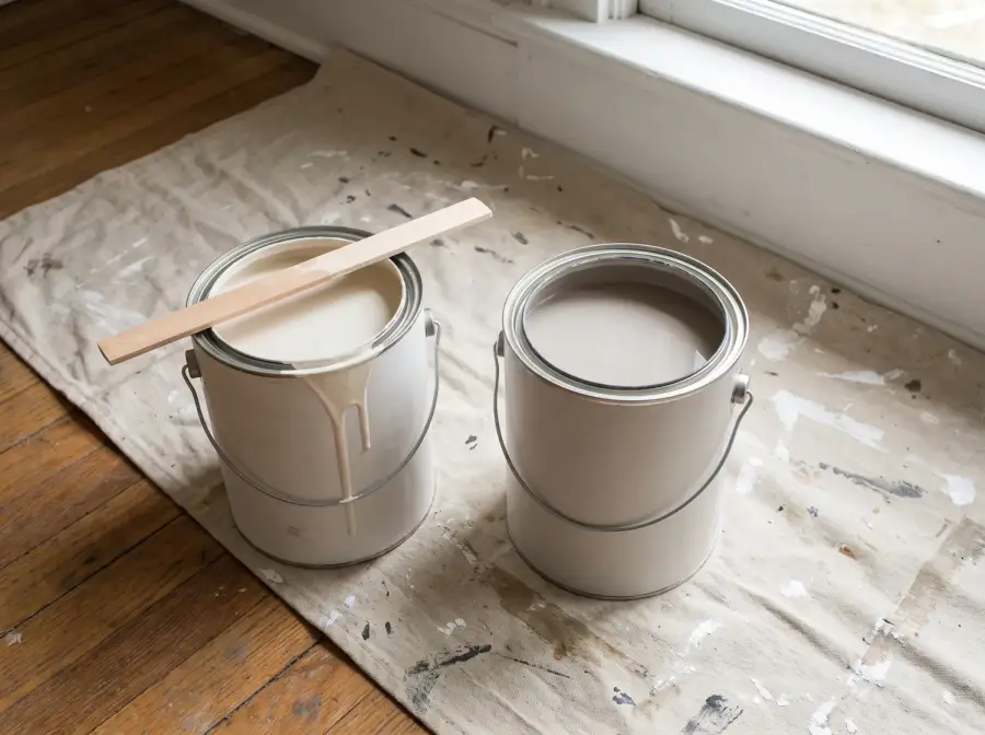 Paint color swatches, a sample can and a calculator on a kitchen counter