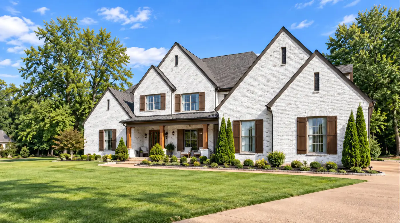 A two-story house with white painted brick, dark wood shutters and a covered front porch