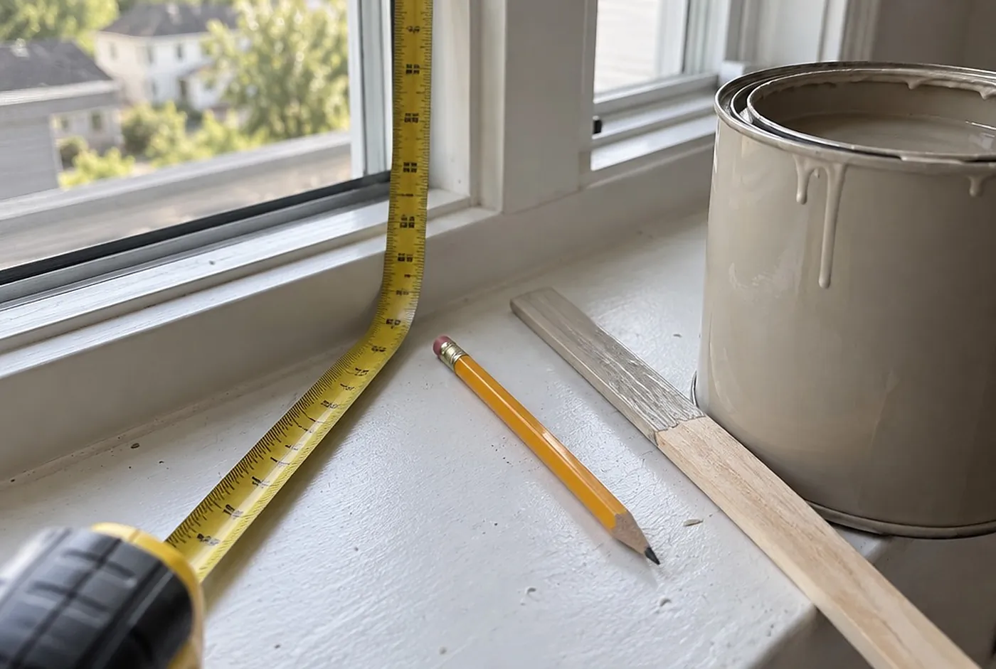 A tape measure on a windowsill beside an open can of paint