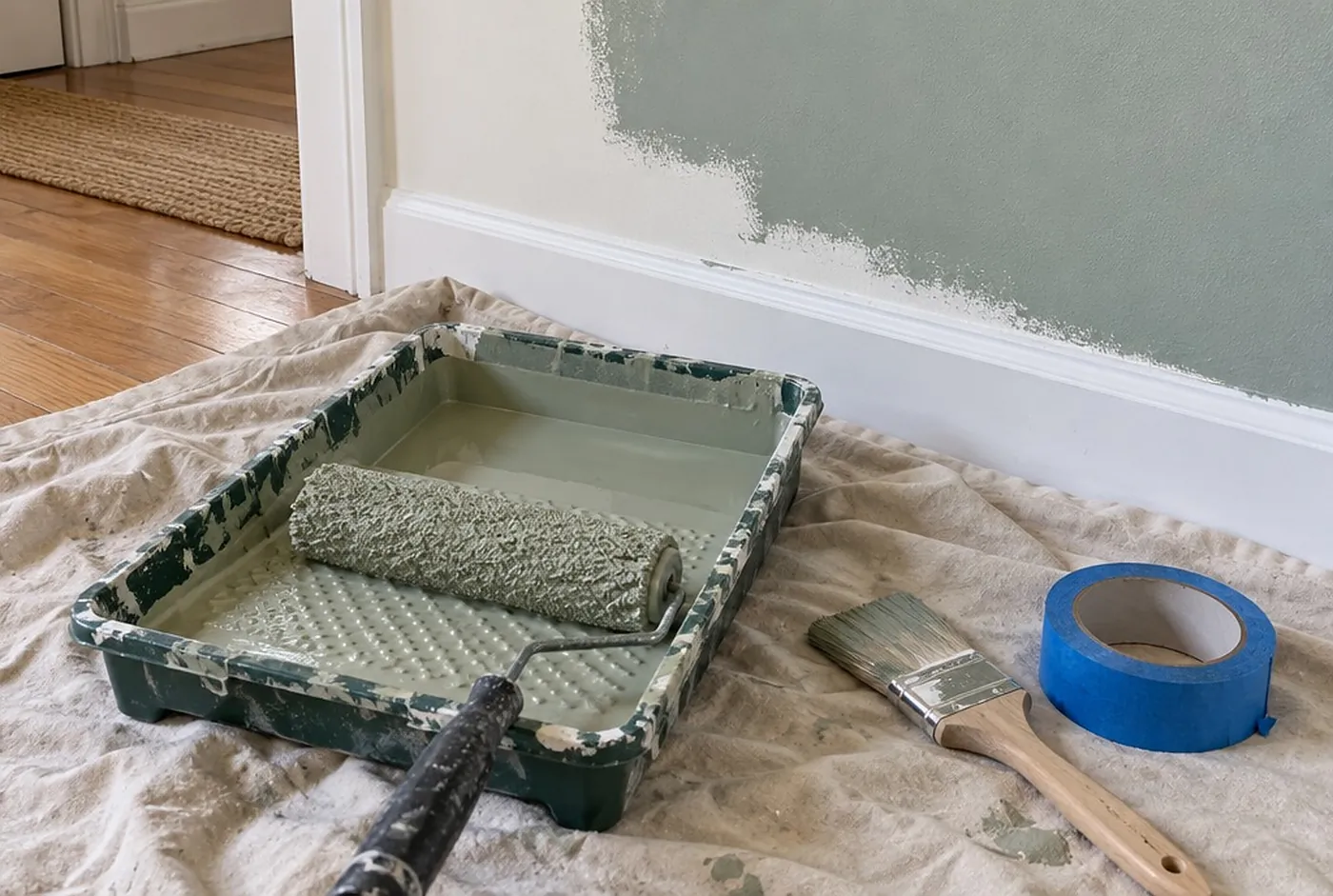 A roller, tray, brush and painter’s tape on a drop cloth by a half-painted wall