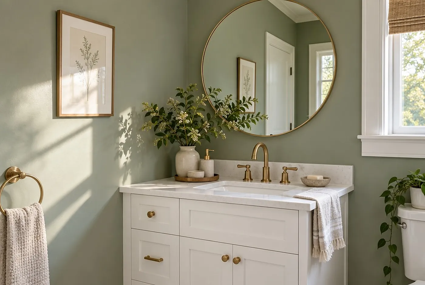 A bathroom with sage green walls, a white vanity with brass knobs, a round mirror and white window trim