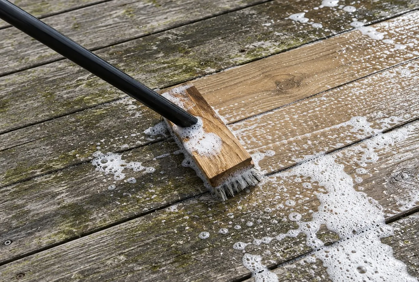 A stiff brush scrubbing cleaner into grey deck boards, leaving a clean light stripe