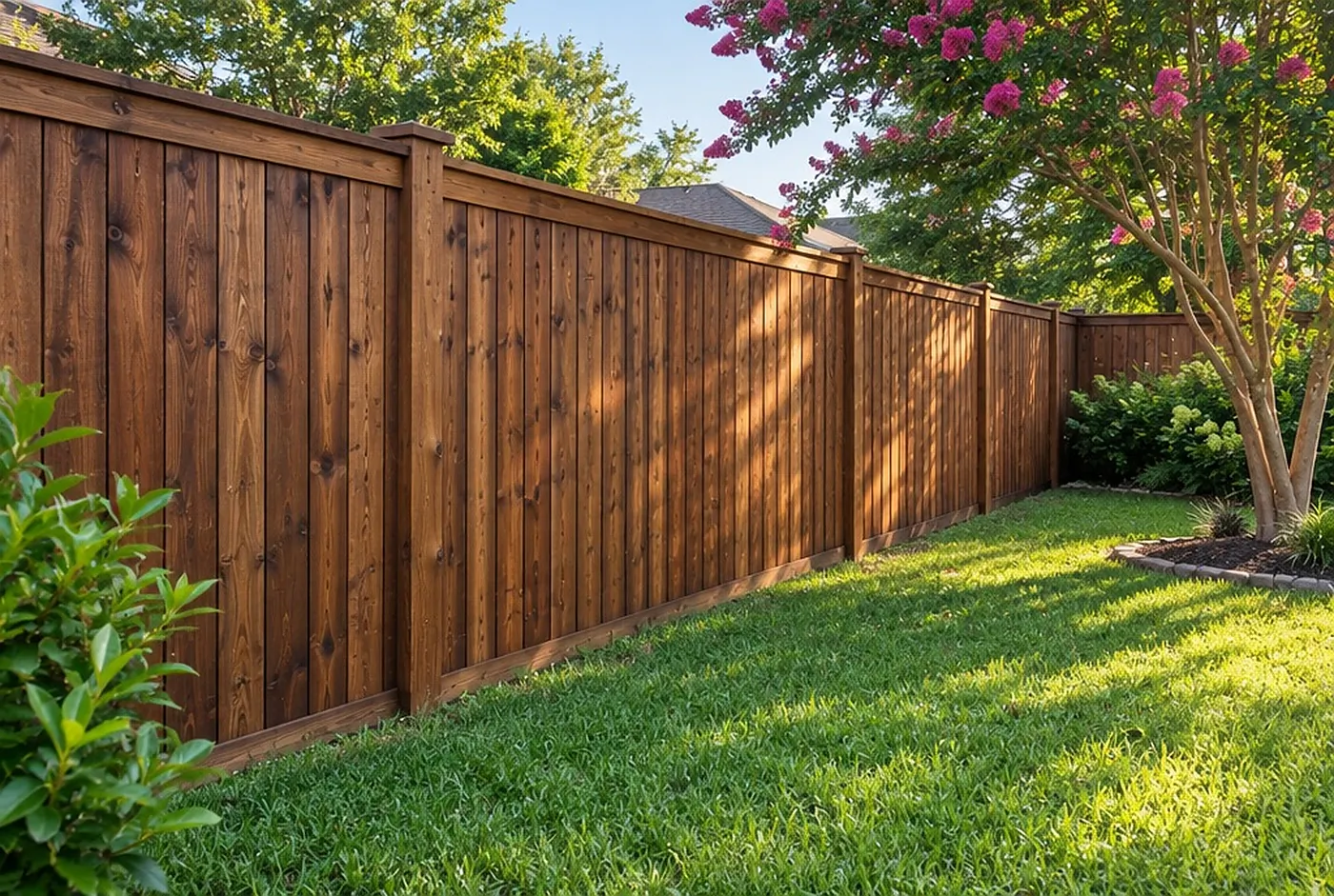 A long cedar privacy fence stained warm brown along a green backyard