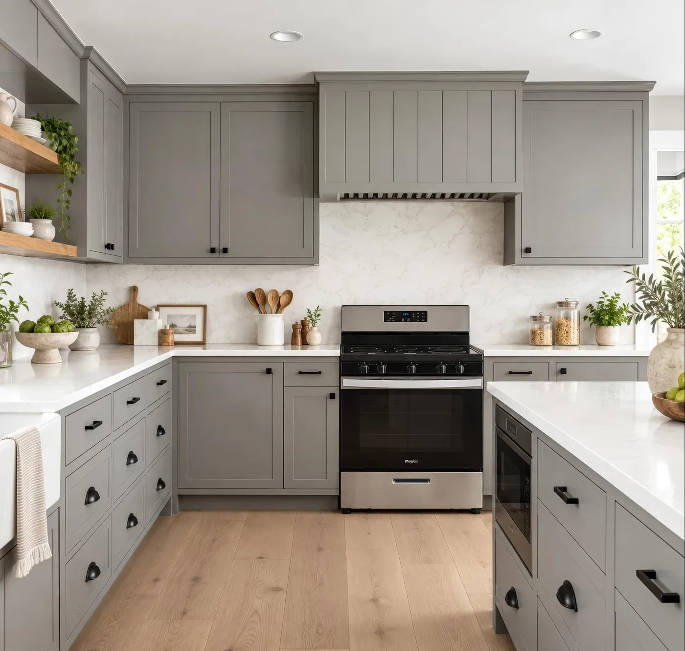 A kitchen with grey shaker cabinets, black pulls, white counters and a marble backsplash