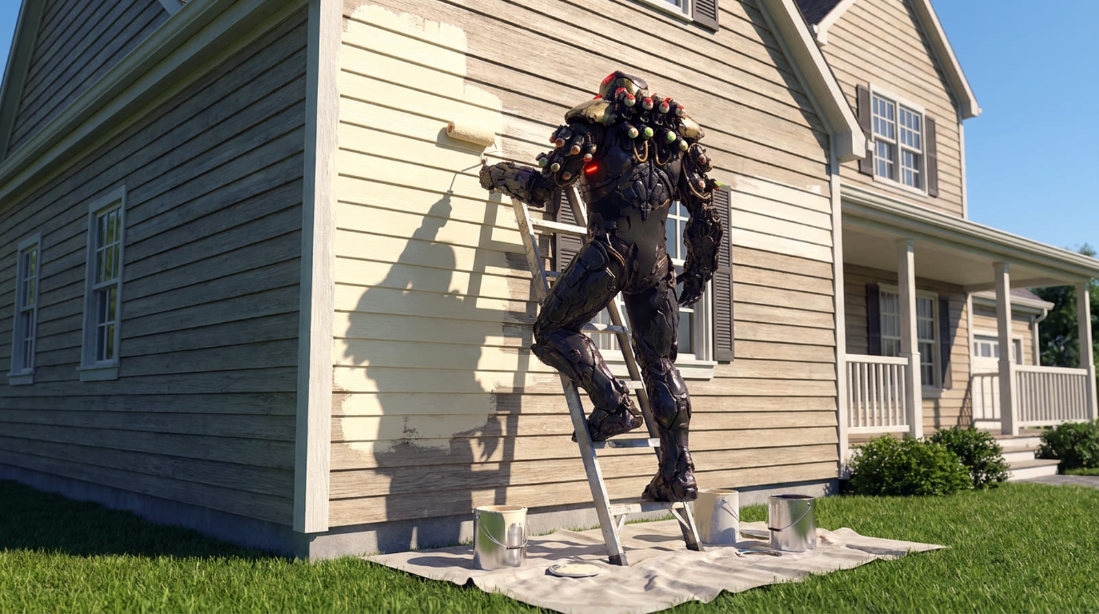 Dario's Painting mascot — a cinematic CGI painting mech rolling fresh paint onto a Memphis home's exterior siding